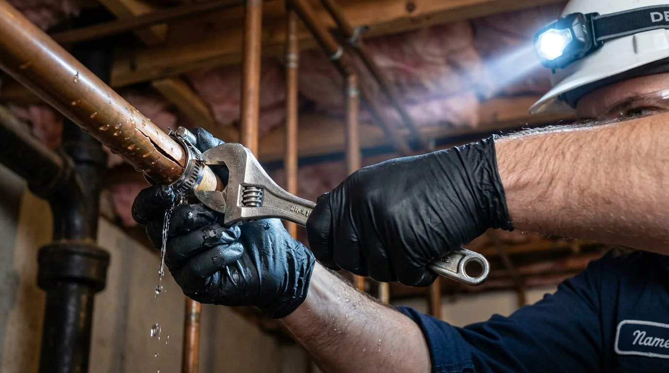 Emergency pipe clamp repair being performed by a Johns Plumbing LLC plumber in Asherton