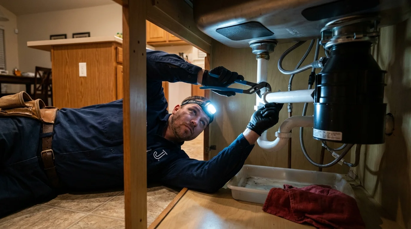 P-trap and supply line connections under a kitchen sink showing a common leak point in Asherton, TX
